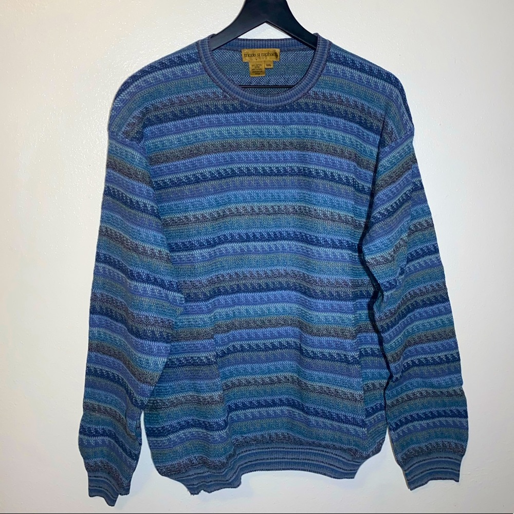 Vintage Tricots St Raphael XXL Blue Geometric Detailed Patterned Sweater